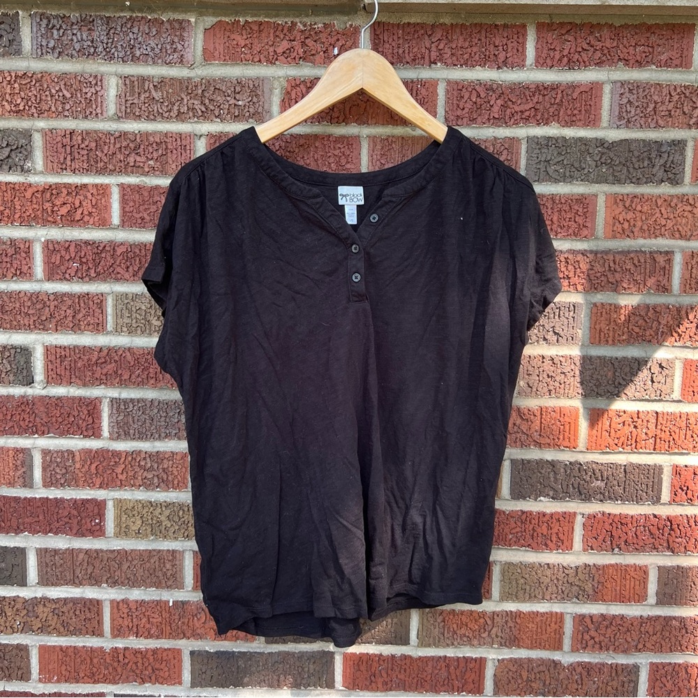 Black Bow Black Button Front Short Sleeve Tee Shirt